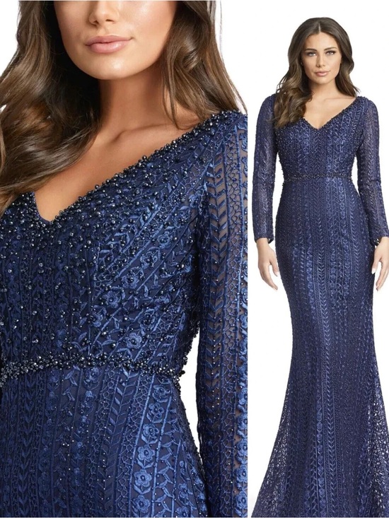 Mac Duggal Dresses & Skirts - Mac Duggal Navy Beaded Long-Sleeve V-Neck Gown